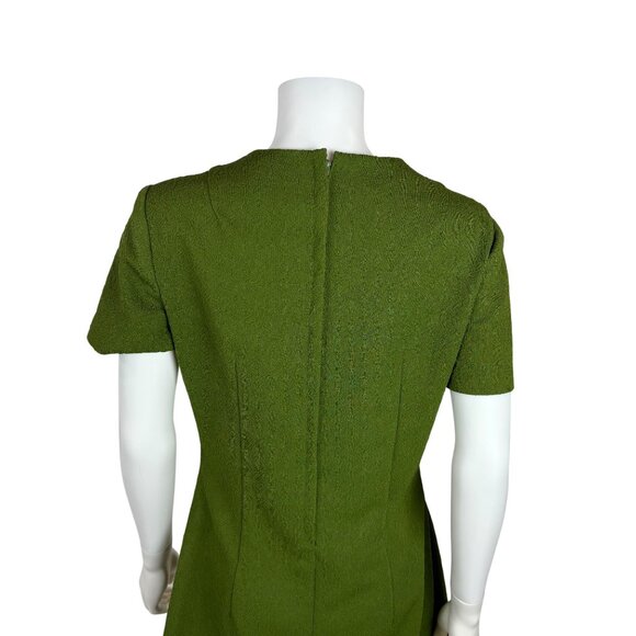 Vintage 60s Babydoll Dress Womens Medium Mod Mini Textured Avocado Green Shift - Picture 10 of 11